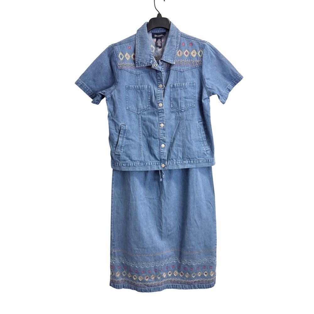 Denim & Co Womens Blue Embroidered Denim Jacket and Skirt Set Size Large